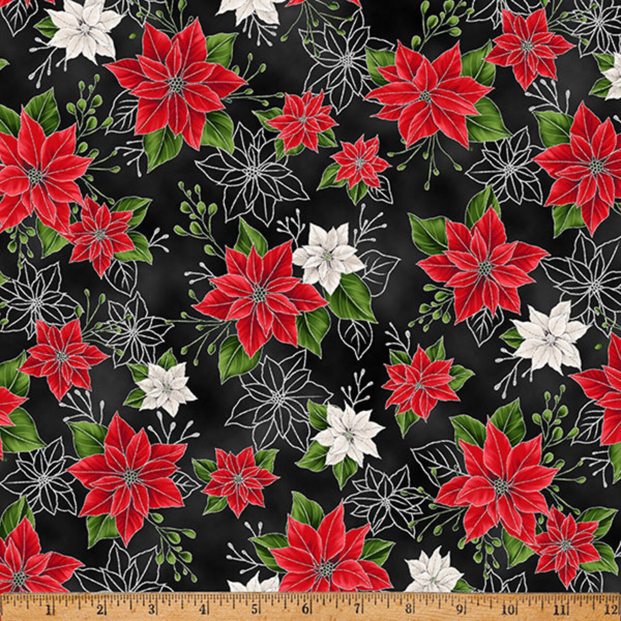 Fabric Hoffman Onyx Silver Poinsettias Blooming Holidays by the Quarter Yard X7788-213S